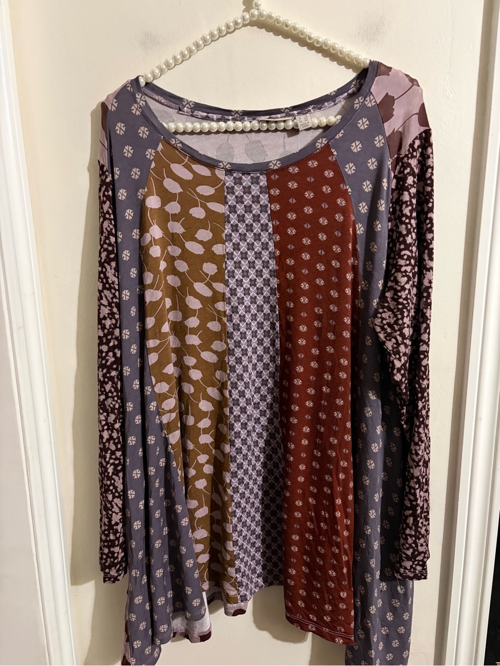LOGO by Lori Goldstein Patchwork Long Sleeve Top in Purple and Brown